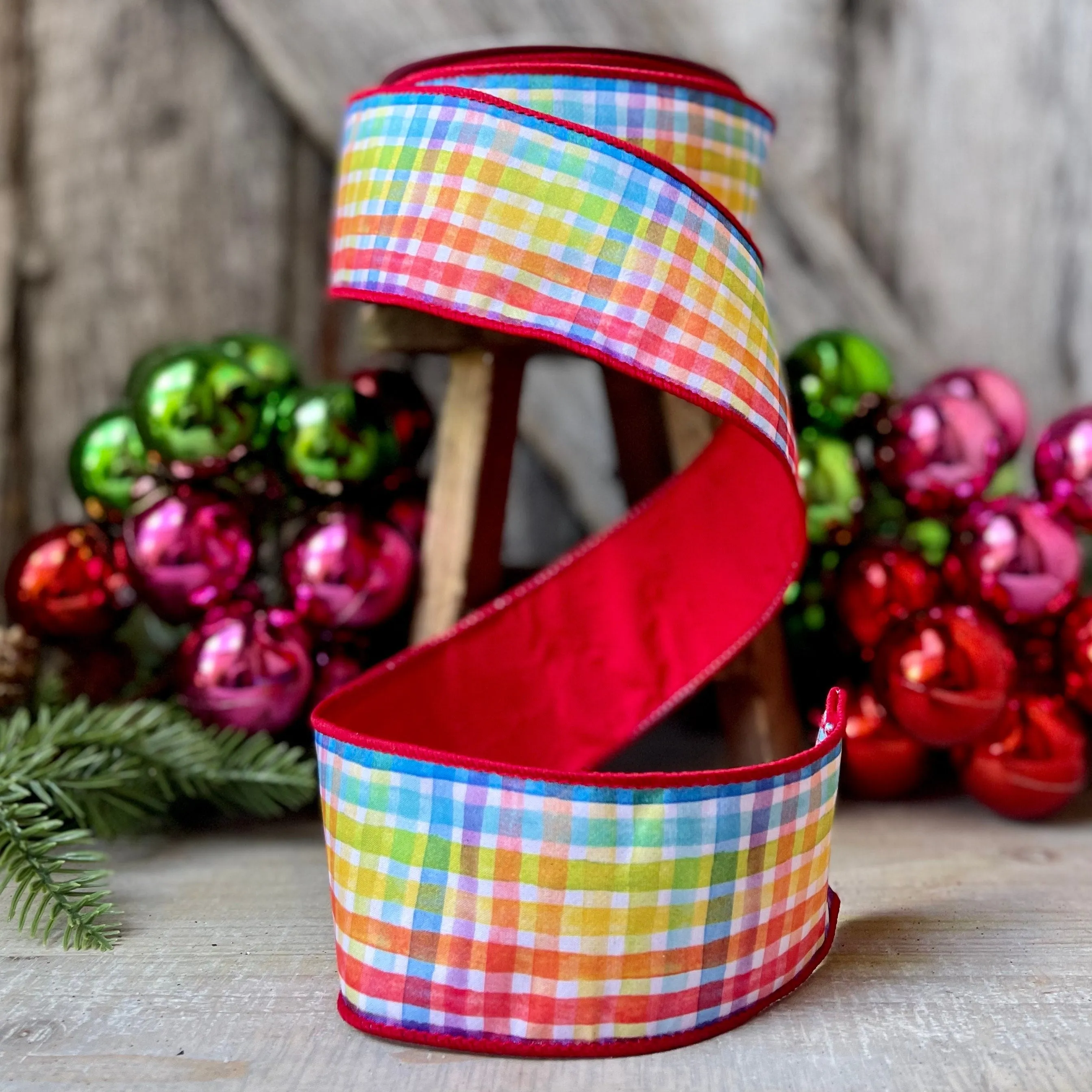 2.5" Rainbow Plaid Ribbon, Christmas Ribbon