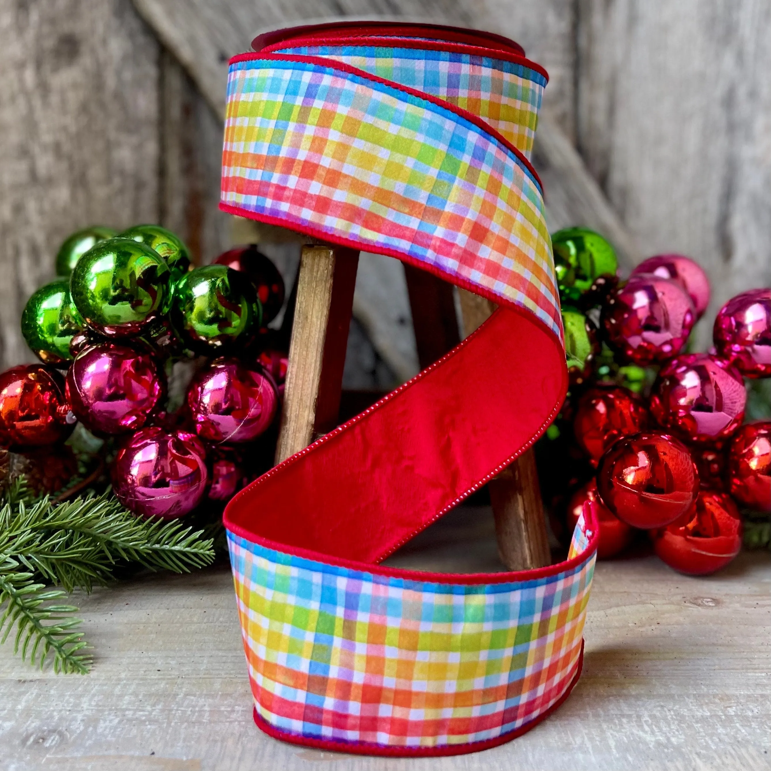 2.5" Rainbow Plaid Ribbon, Christmas Ribbon