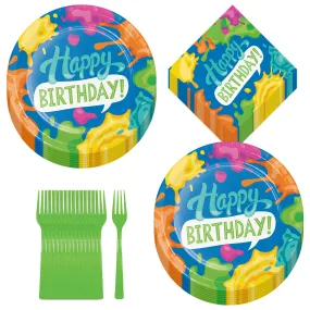 Art Party Supplies - Colorful Artist Birthday Paint Splatter Slime Paper Dinner Plates, Lunch Napkins, and Forks (16 Plates & Napkins)