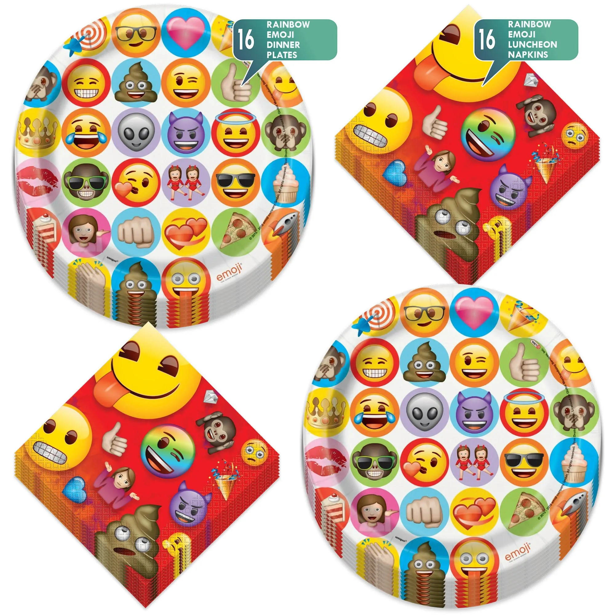 Colorful Emoji Smiley Face Round Paper Dinner Plates and Lunch Napkins (16 Plates & Napkins)