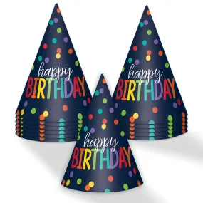 Happy Birthday Rainbow Dot Paper Cone Party Hats, 12 Count