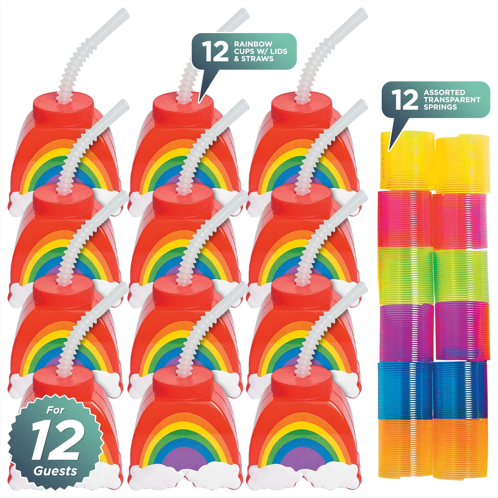 Rainbow Party Favors - Plastic Rainbow Shaped Cups With Lids and Straws, and Assorted Springs for 12 Guests