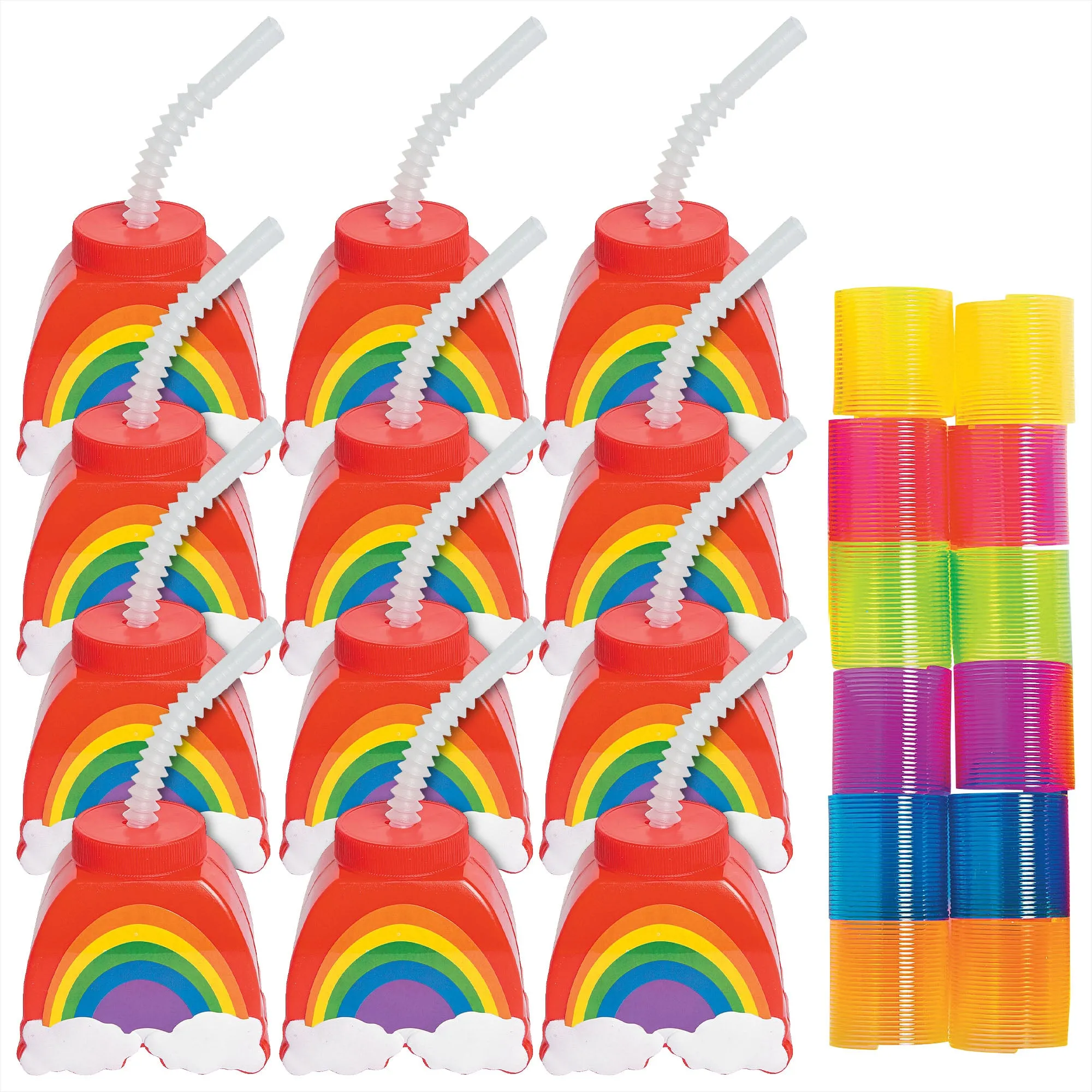 Rainbow Party Favors - Plastic Rainbow Shaped Cups With Lids and Straws, and Assorted Springs for 12 Guests