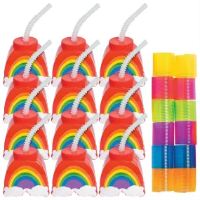 Rainbow Party Favors - Plastic Rainbow Shaped Cups With Lids and Straws, and Assorted Springs for 12 Guests